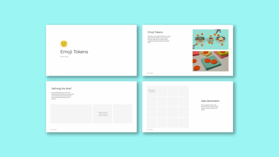 4 example portfolio template slides from PrintLab's emoji tokens project.
