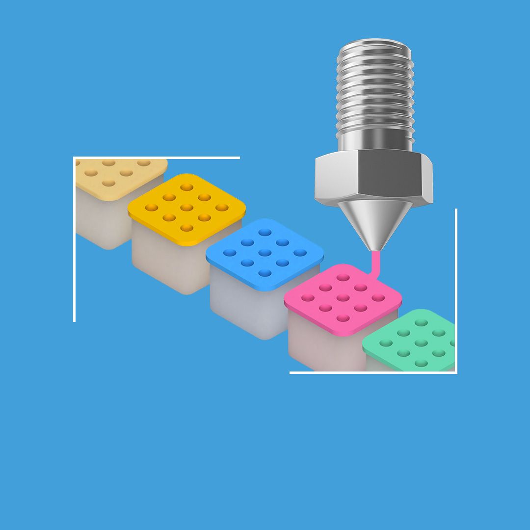 Illustrative graphic of a 3D printer nozzle making upcycled pen holder lids that slot inside waste packaging containers.