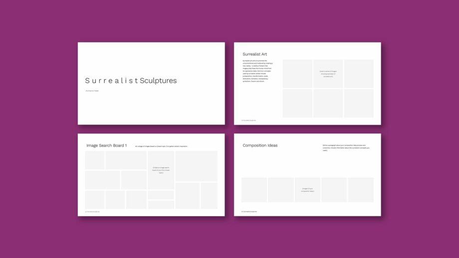 4 example portfolio template slides from PrintLab's surrealist sculpture project.