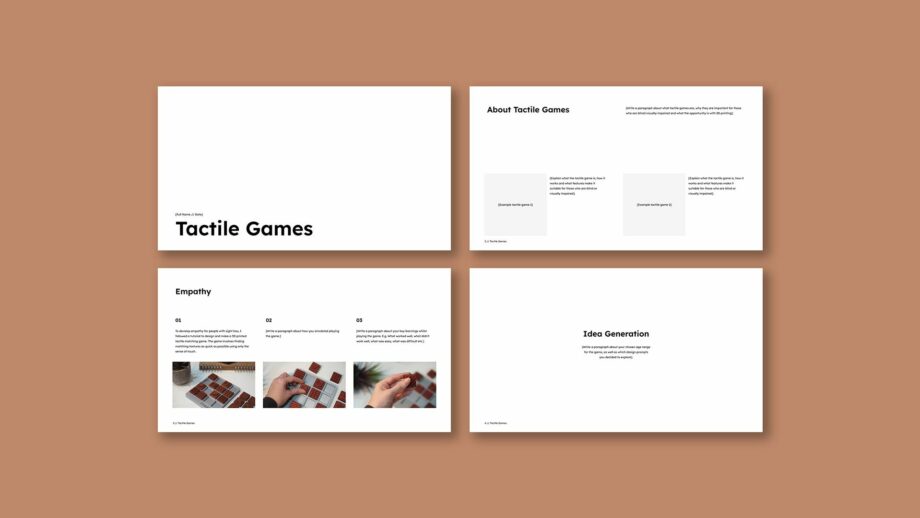 4 example portfolio template slides from PrintLab's tactile matching games project.