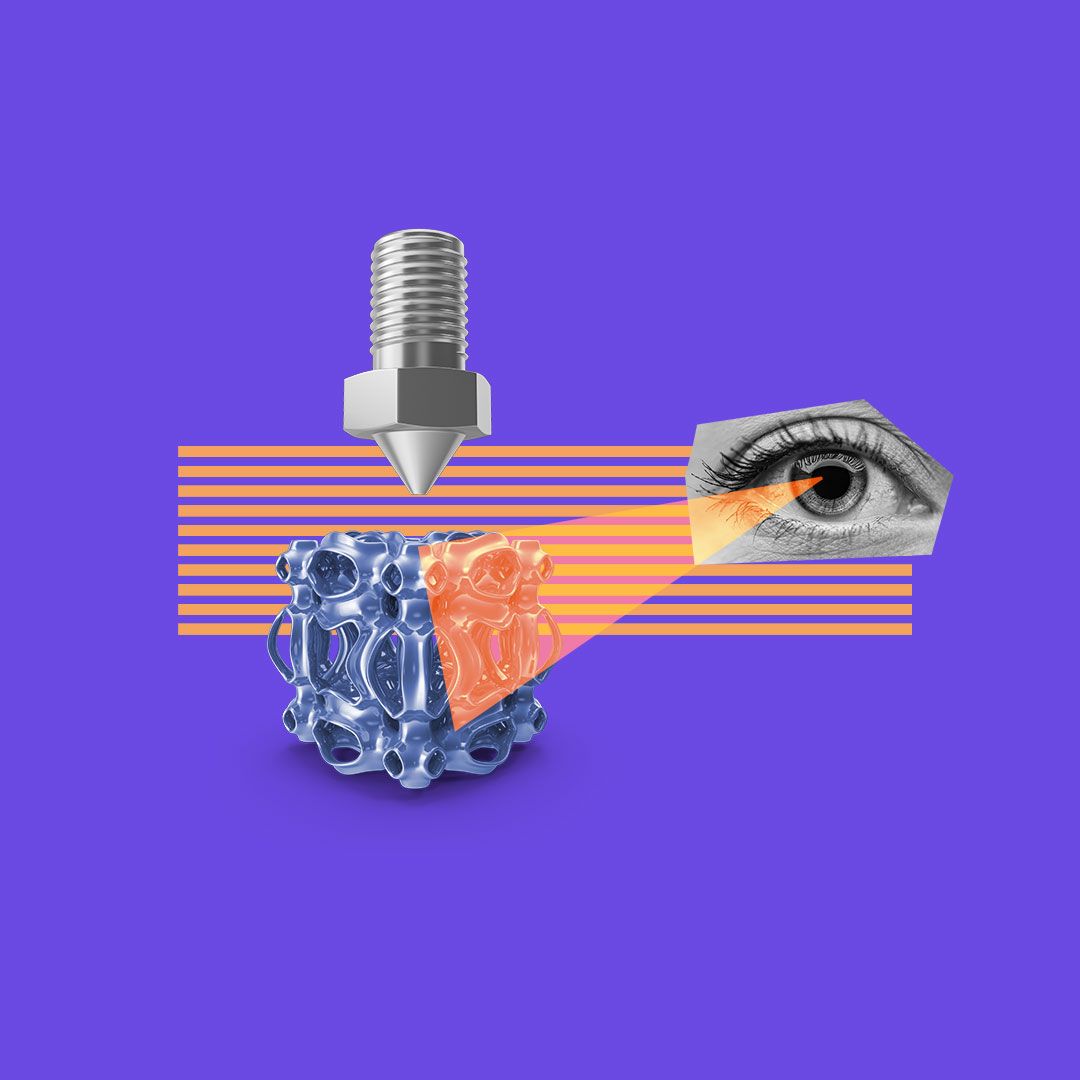 Photomontage of an eye looking at a complex 3D geometry with a 3D printed nozzle above.