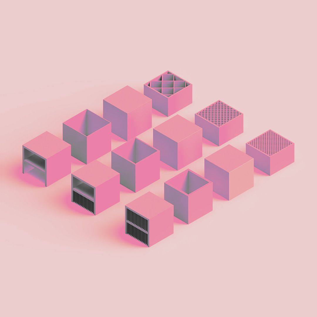 Rendered image of 12 cubes that show different elements of FFF 3D printing.