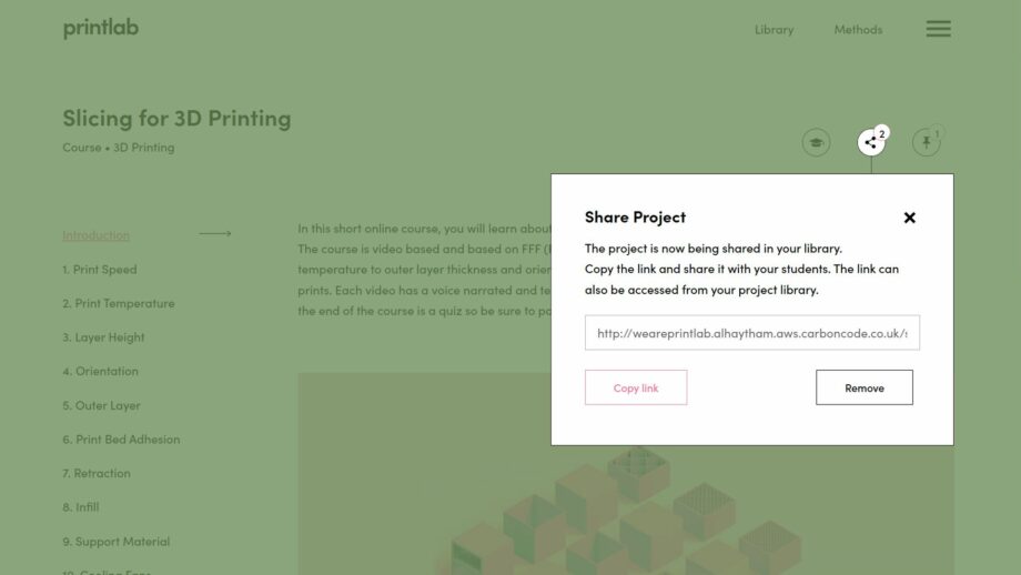 A website screen showing the share resource pop down menu from PrintLab's slicing mini course.