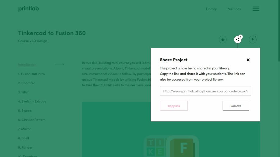 A website screen showing the share resource pop down menu from PrintLab's Tinkercad to Fusion 360 mini course.