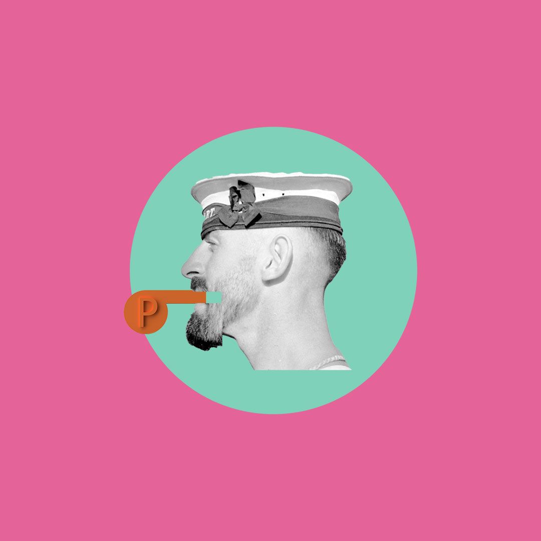 Photomontage of a person with a sailor hat on blowing a whistle.