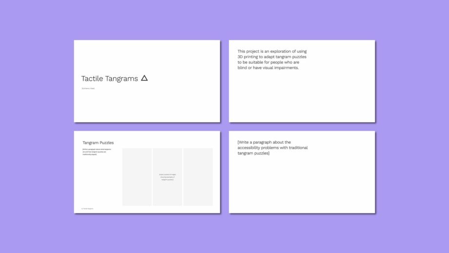 4 example portfolio template slides from PrintLab's tactile tangrams project.