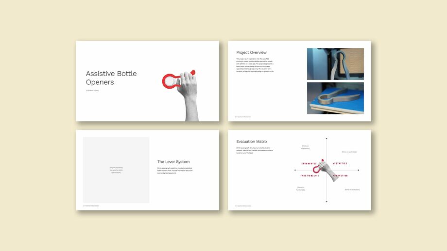 4 example portfolio template slides from PrintLab's bottle opener project.