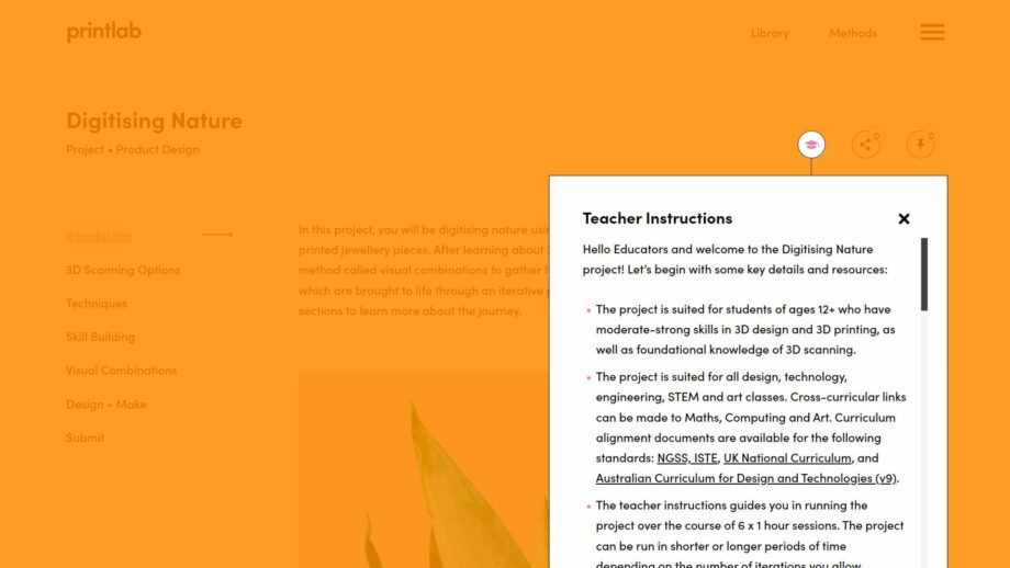 A website screen showing the teacher instructions pop down menu from PrintLab's digitising nature project.