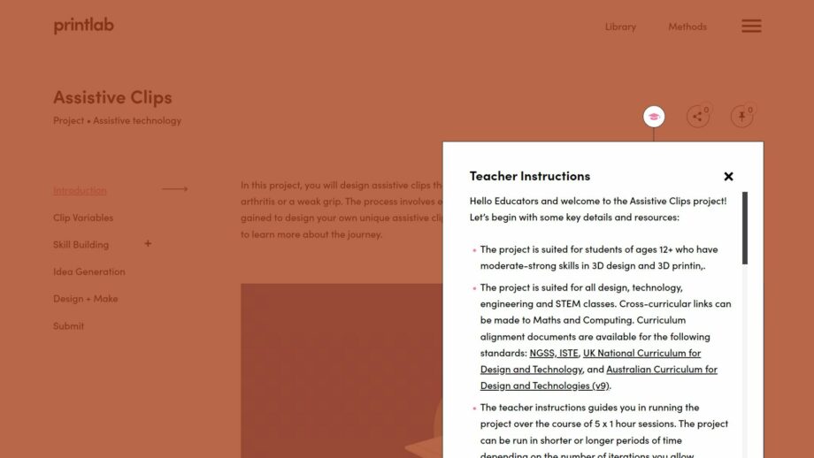 A website screen showing the teacher instructions pop down menu from PrintLab's assistive clips project.