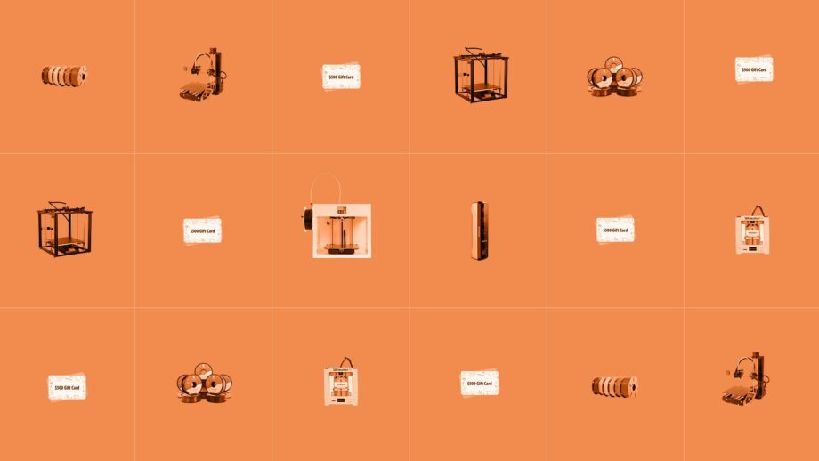 Grid collage of Make:able prizes, including 3D printers, 3D scanners, filament and gift cards.