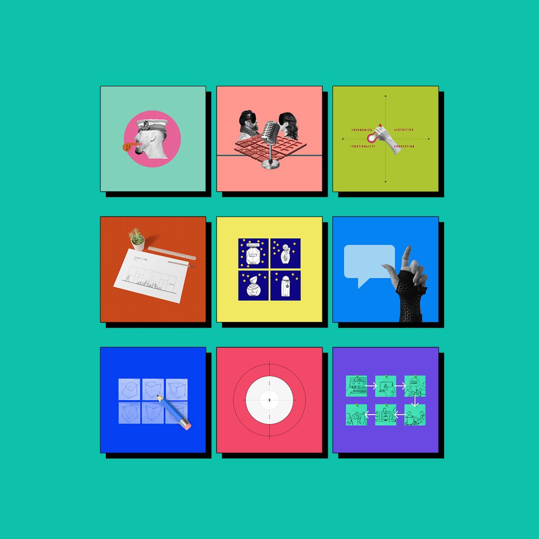 Collage of design thinking method graphics.