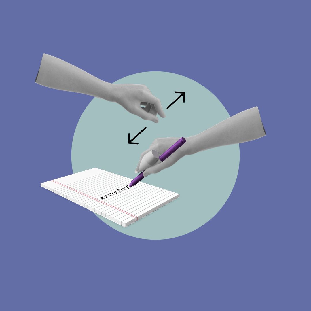 Photomontage of an arm using a 3D printed assistive writing aid to write on a notepad.