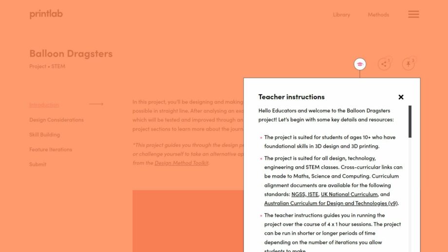 A website screen showing the teacher instructions pop down menu from PrintLab's balloon dragsters project.