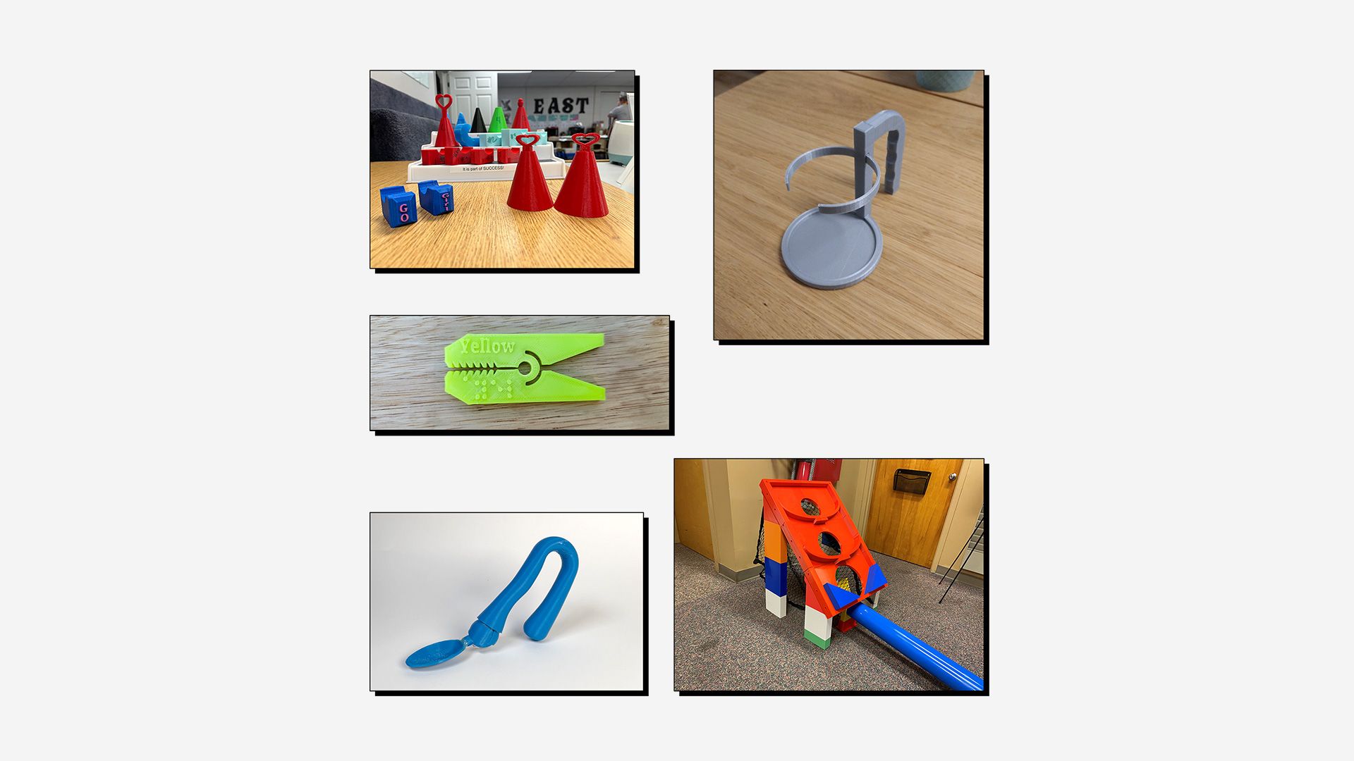 Collage of 3D printed assistive devices, designed for the Make:able Challenge.