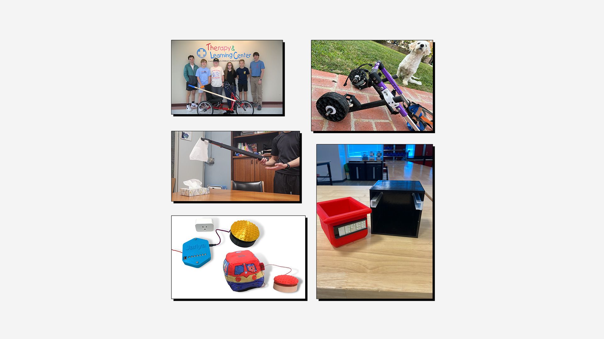 Collage of 3D printed assistive devices, designed for the Make:able Challenge.