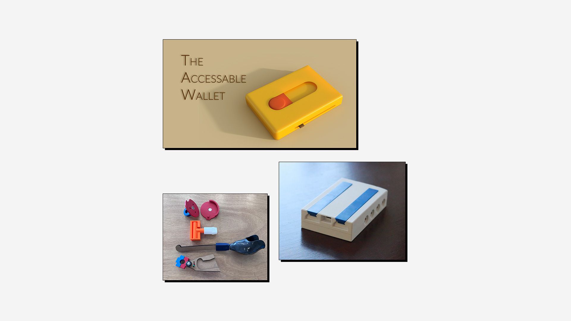 Collage of 3D printed assistive devices, designed for the Make:able Challenge.