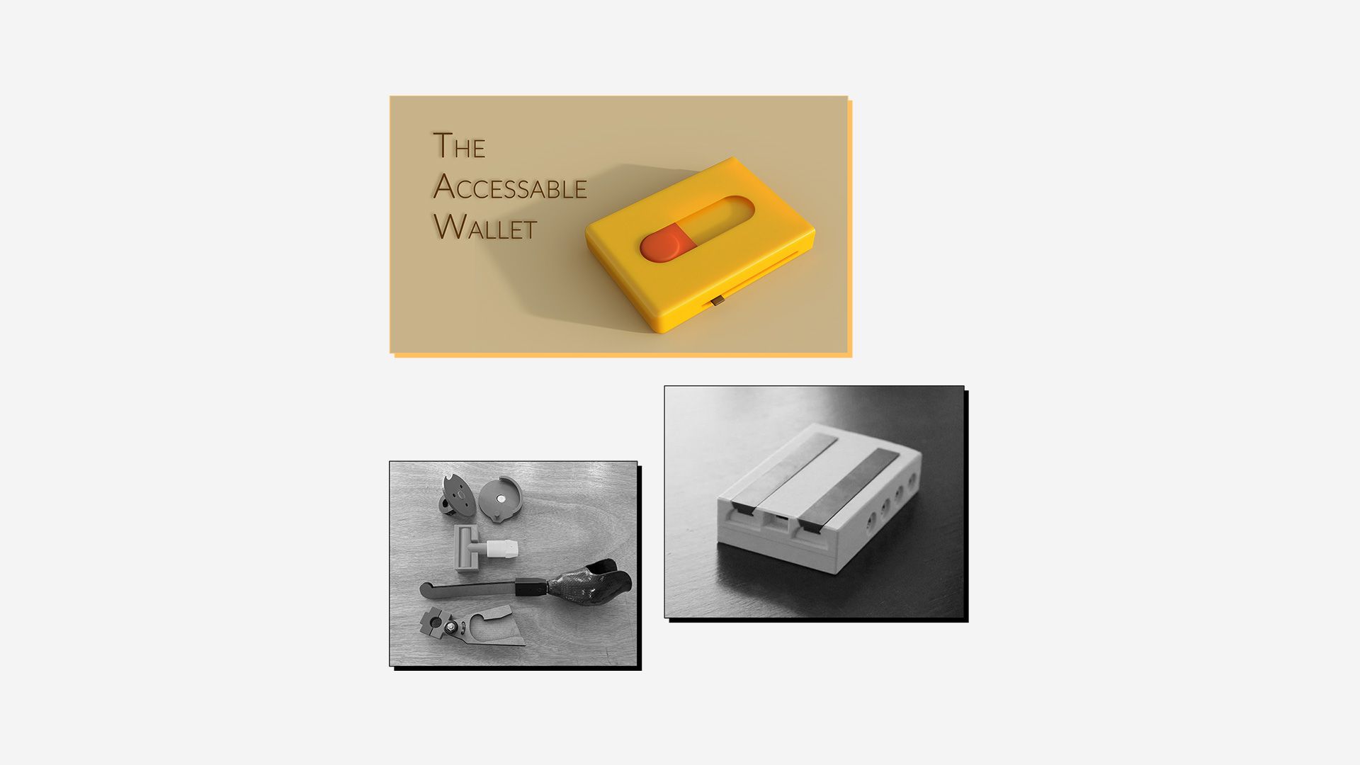 Collage of 3D printed assistive devices with winning entry (arthritis wallet) highlighted.