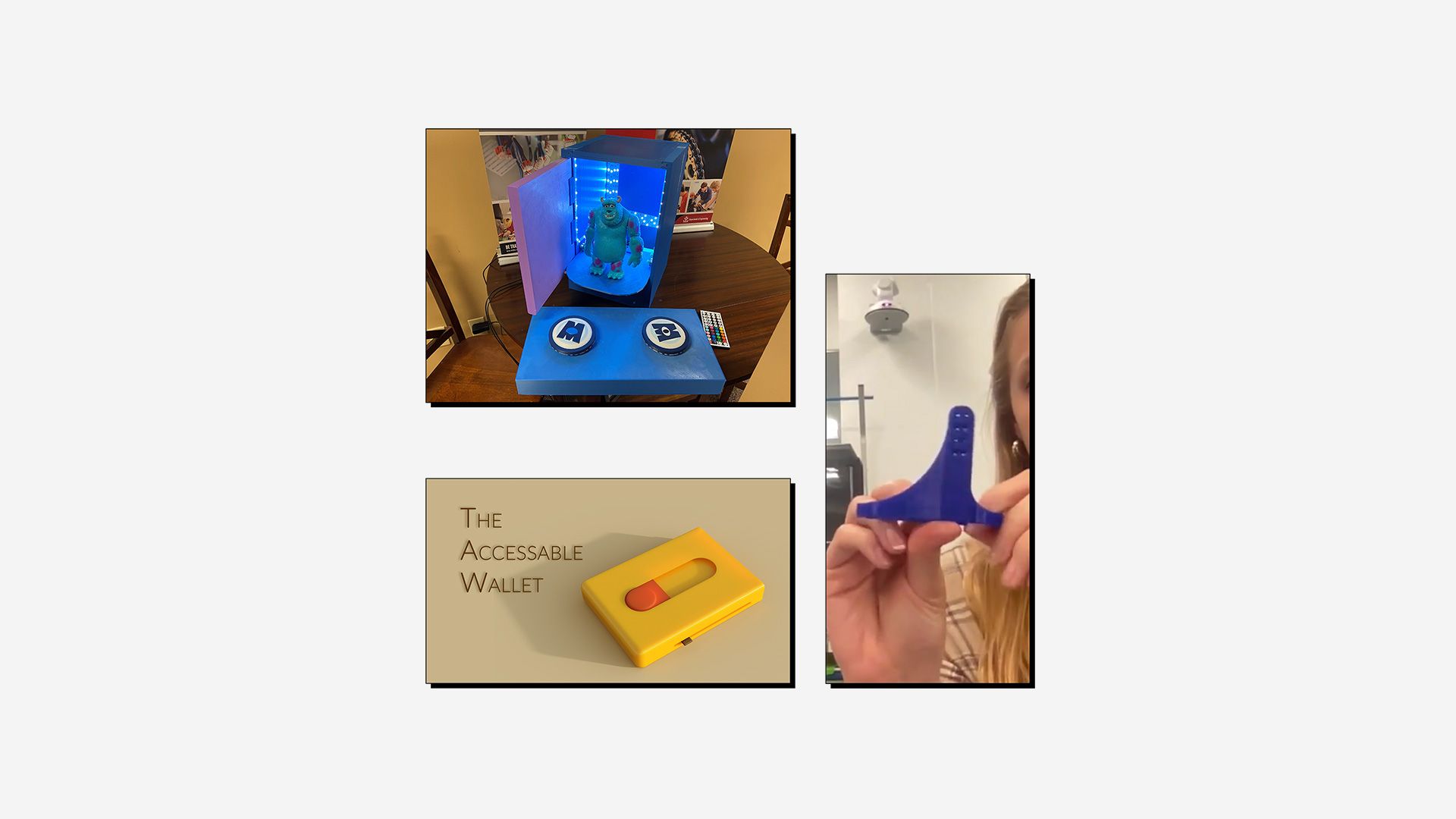 Collage of 3D printed assistive devices, designed for the Make:able Challenge.