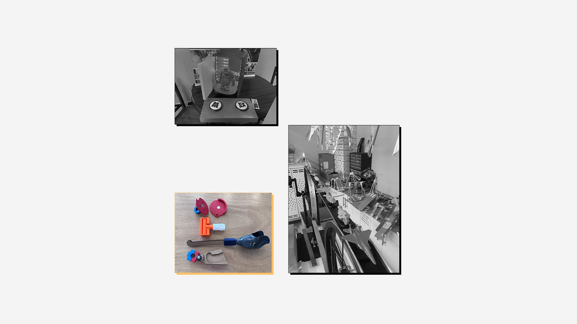 Collage of 3D printed assistive devices with winning entry (bicycle prosthetic) highlighted.