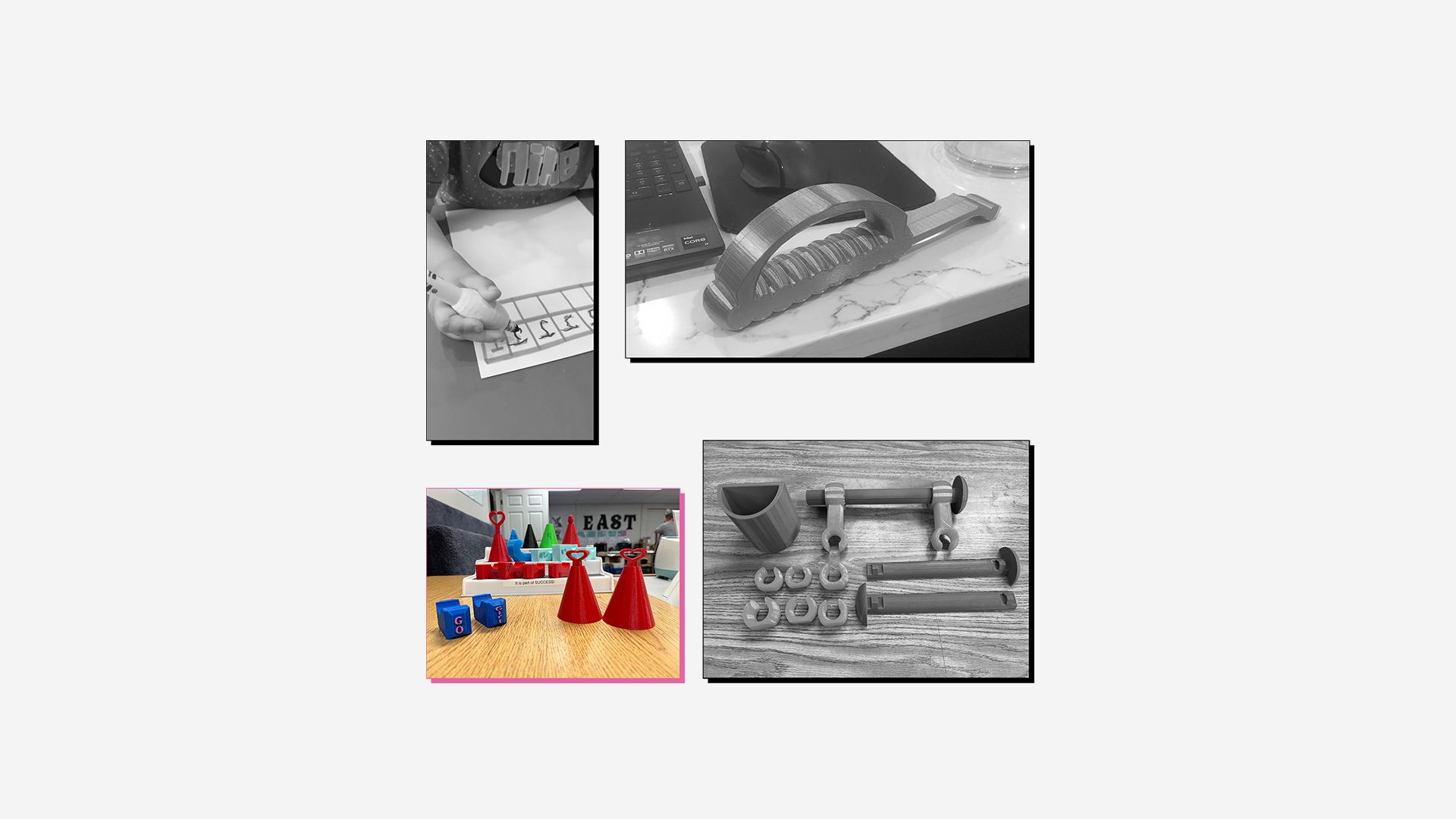 Collage of 3D printed assistive devices with winning entry (walker seat bracket) highlighted.